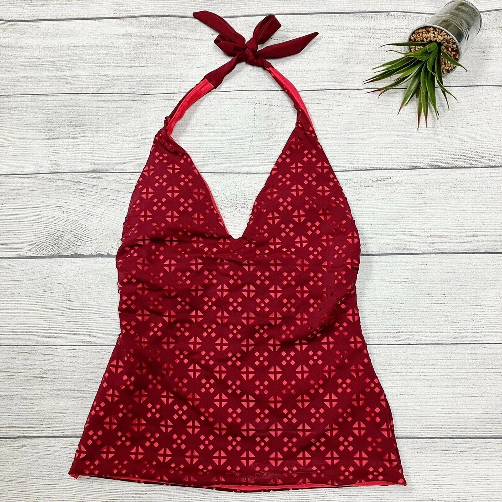 LOFT Red Patterned Halter Swim Tankini Top